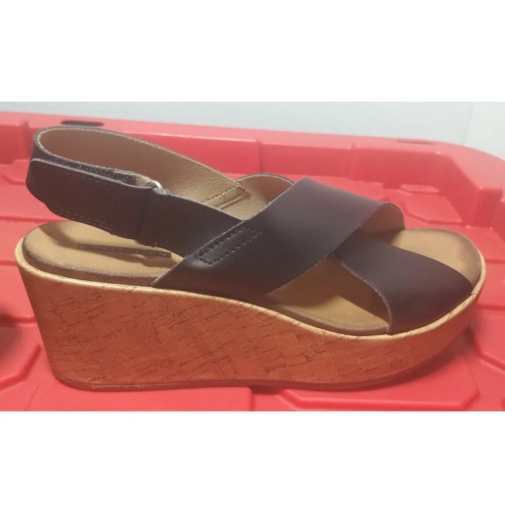 Clarks Collection Brown Faux Leather Cork Wedge Slingback Sandals Womens 6.5 M
